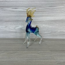 Murano Art Glass Deer Stag Blue Yellow Clear Decorative Animal Statue