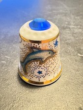 MAYFAIR EDITION FINE BONE CHINA THIMBLE -DOLPHIN- BLUE GEMSTONE- RARE 