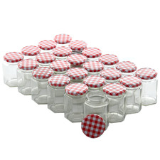 NEW JAM JARS 250ML WIDE MOUTH GLASS PRESERVE POTS GINGHAM RED LIDS MODERN ZENO