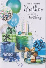 BROTHER BIRTHDAY GREETING CARD 7"X5" CAKE BALLOONS PRESENTS