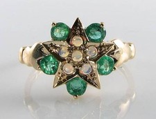 9CT 9K GOLD COLOMBIAN EMERALD & OPAL STAR MOON EARTH ART DECO INS RING