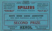 North Devon Canine Assc. Dog Show 1932 Multi Advert Second Prize Card Ref 37733