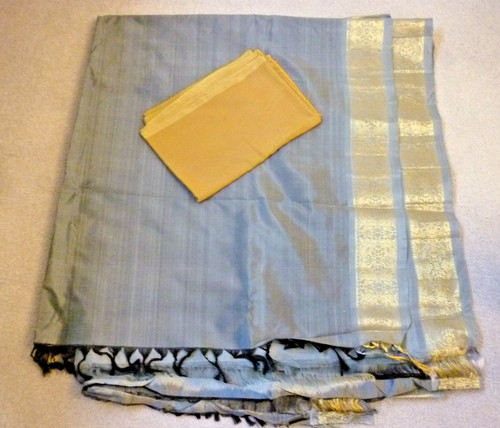 Grey silk sari with - , gold