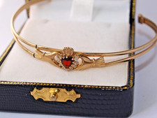 9ct Yellow Gold Garnet Heart & CZ Claddagh Celtic Bangle Bracelet Open repair
