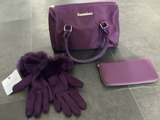 New 3pc Purple Faux Suede/Fur Cuff Smart Touch Gloves Nylon Bag & Purse/Wallet