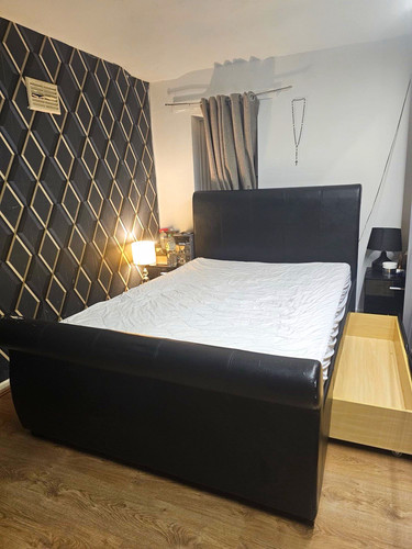 Black leather double bed frame - bed,