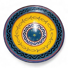 Vintage Large Moroccan Hand Painted Fish and Star Pottery Wall Plate Bowl