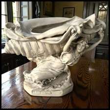 Antique Royal Dux Art Nouveau Porcelain Woman with Conch Shell Centerpiece Bowl
