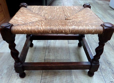 beautiful original Antique  oak wood woven rush stool,  spiral wood  turned legs