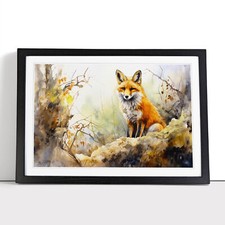 Fox Watercolour Art No.4 Framed Canvas Wall Art Print Poster Picture, Home Decor