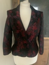 Kaliko Vintage Smart Fitted Short Jacket UK12 Floral Design Lined Black Red