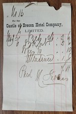 Castle of Brecon Hotel Company Brecon Wales Vintage Hotel Bill Handwritten