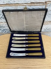 Vintage Set 6 EPNS Butter Knives Original Box With Butterscotch Amber Handles