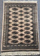 Hand-Knotted Pakistan Bokhara Rug Wool Pile Cotton Beige & Black, Geometric Guls