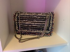 Zara Handbag Bag Blue White Pearl Silver Chain Tweed New Without Tags