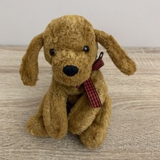 Mary Meyer Small Brown Puppy Dog Soft Toy Beanie Red & Black Checked Ribbon