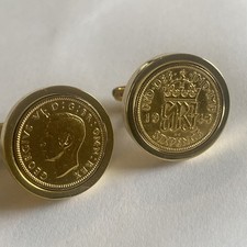 SIXPENCE COINS Mounted Cufflinks - GEORGE VI Gold Plated  CUFF LINKS - 1948