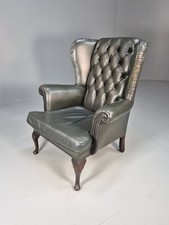 Vintage Chesterfield Armchair Green Leather Pleated Button Back EB9485 VLEA