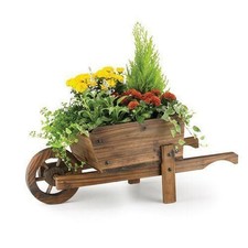MODERN WOODEN WHEEL BARROW GARDEN PLANTER BURNT WOOD FLOWER CART ORNAMENTAL POT