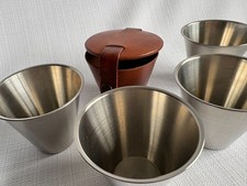 Hunting stacking or stirrup cups leather case stainless steel (4 cups) Danish