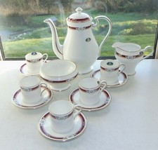 Aynsley Fine China South Pacific Maroon 13 PC Coffee Pot Cups Saucer Milk Sugar 