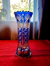 Vintage Blue Overlay Bohemian Style 25.5 cm Cut Crystal Glass Vase.