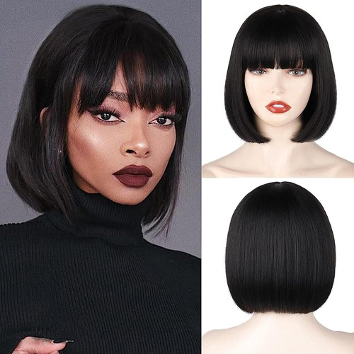 Black bob wig with fringe - black,