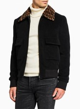 FENDI Black Wool Dyed Shearling Fur FF Collar Bomber Jacket Size 52 Euro Large