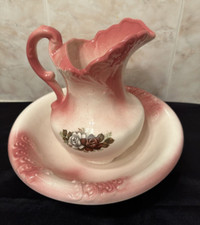 Vintage Elegant Wash Basin Water Pitcher and Bowl with Pink Floral Made in USA