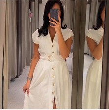 ZARA WHITE LINEN BLEND JOHNNY COLLAR SHIRT DRESS WITH GOLD BUTTONS SIZE M BNWT