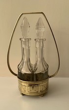 Antique French Art Deco Hand Blown Glass And Brass Oil & Vinegar Cruet Set 1920s