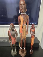 Vintage African Art Tribal Hand-Carved Wooden Figurines Set of 3 Sculptures