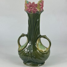 Antique French Art Nouveau Green & Pink Large Ceramic Flower Vase Signed On Base