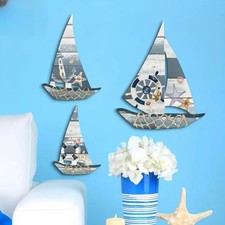 3 Pc Set Wooden Boat Wall Art / Home Wall Bathroom Decoration Plaques Christmas