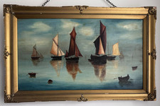 Antique 1937 large oil painting seascape nautical ships signed framed