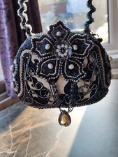 Mary Frances Vintage Beaded Floral Hardshell Embellished Purse Handbag Black