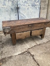 Carpenters Antique Wooden Work Bench With Vice And Draws Manoeuvre On Castors