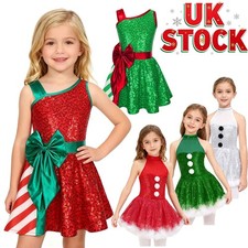 Kids Girls Christmas Dance Costume Sequins Sleeveless Figure Ice Skating Dress