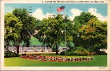 Warren Ohio OH Packard Park Flower Bed Shelter House Flag 1930s Postcard