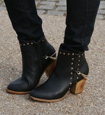 BNIB LADIES WOMENS BLACK GOLD STUDDED CHAIN ARMY MILITARY HIGH HEEL ANKLE BOOTS