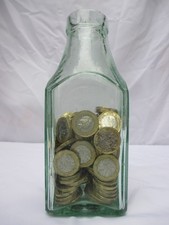 Victorian Glass Bottle Money Jar Box Piggy Bank Saving Takes £2 Coins Moneybox