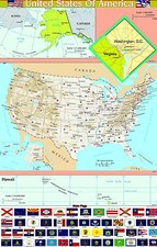 A2 laminated USA UNITED STATES of AMERICA  map wall chart poster  | FLAGS BOTTOM