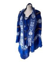Vintage Equadorian Poncho Scarf INCA Import Fringe One Size Blue Knit Tribal