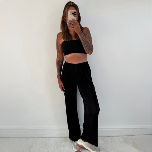 Ladies black crinkle - black, trousers
