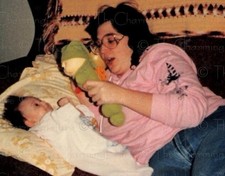 Vintage Photo 1980s Snapshot Woman Playing with Baby Playskool Glow Worm