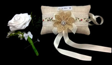 Wedding Ring Pillow - Hessian Ring Cushion 6 x 3.5'' + Button Hole -Free UK Post