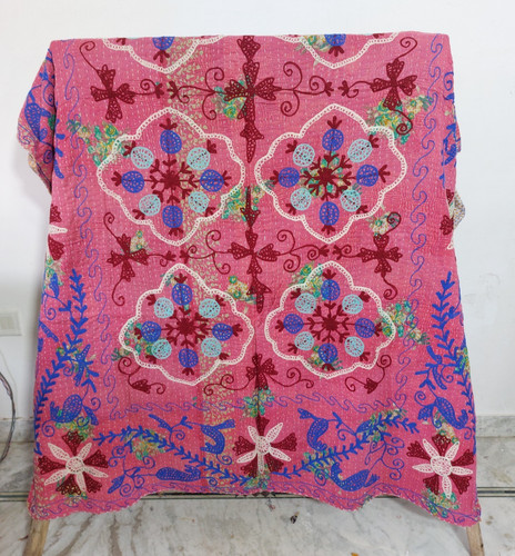 Boho kantha suzani pink quilt - boho,