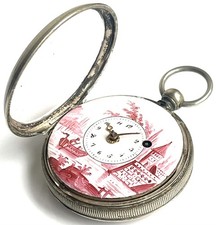 Antique  Pocket Watch 19th C French Verge Fusee Painted Outer Dial Vintage Rare