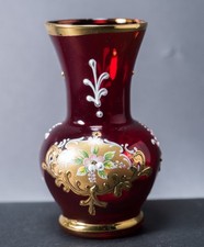 Ornate Bud Vase Venetian Murano Art Glass Hand Painted 5" Red Gold Tre Fuochi