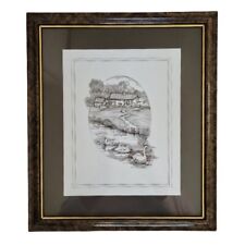 Vintage Glenda Rae pencil sketch print - cottage and swans - signed and framed
